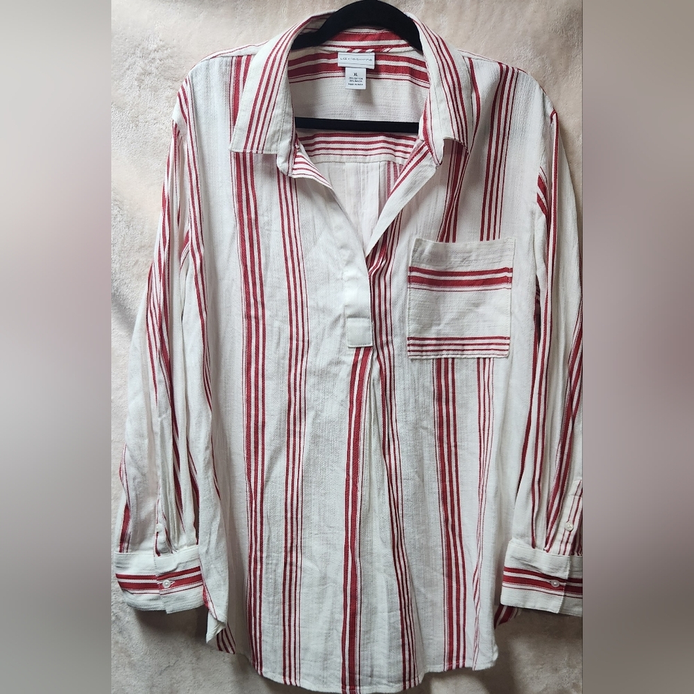 Liz Claiborne Red and White Striped Women XL Pullover Long Sleeve Blouse